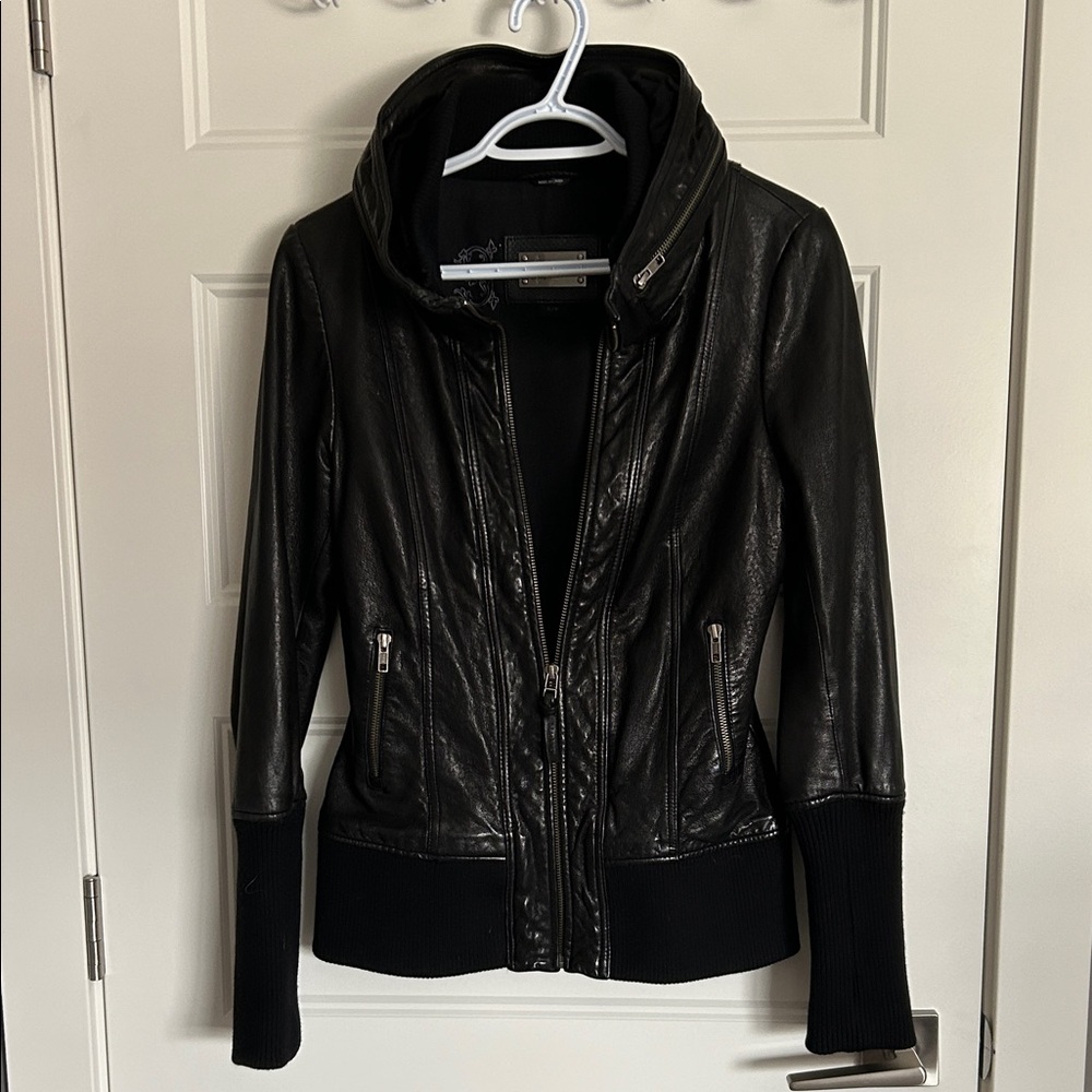 Mackage Black Leather Jacket with Ribbed Details